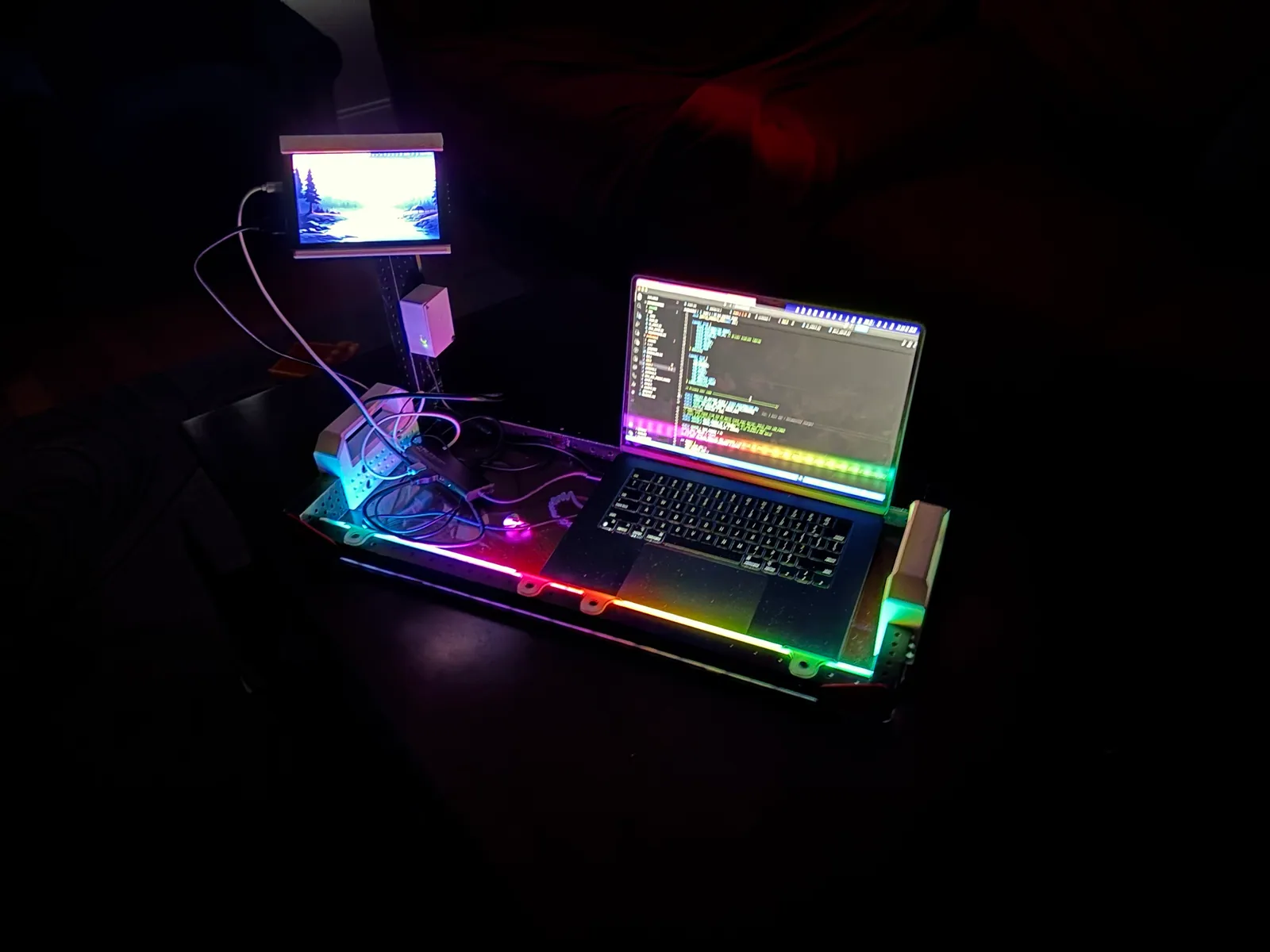 The finished driver station with the lights on, in a dark room